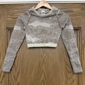 Gymshark Cropped Open Back Brown Camo Workout Shirt Long Sleeve